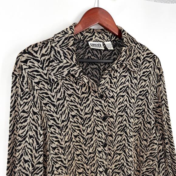 Chicos Sz 1 Medium Super Stretchy Long Sleeve Gold Black Blouse Shirt Top Mature - Picture 3 of 7